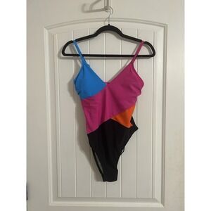 Cupshe NWT Women's‎ Small Colorblock One Piece Swimsuit Neon Pink Blue Black